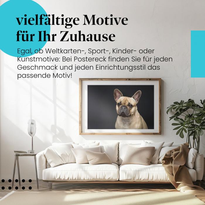 Gerahmtes Bild "Bulldogge". Welpe, schwarzer Hintergrund, direkter Blick.