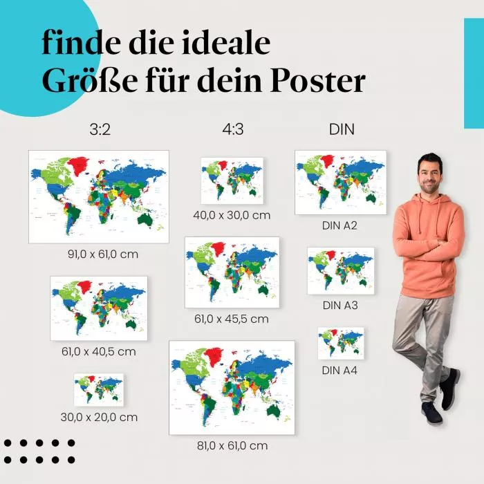 Bunte Weltkarte: Länder & Kontinente | Postereck 0666