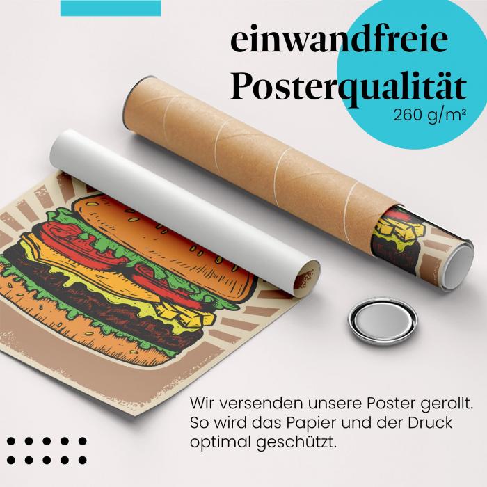 Gerolltes Poster "Saftige Burger", lecker.