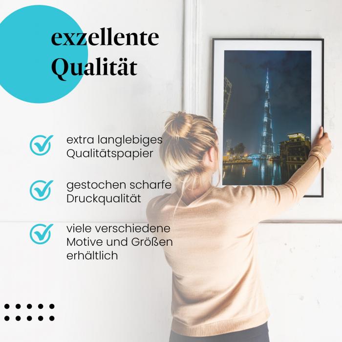 Gerahmtes Bild "Burj Khalifa Dubai" - Höchstes Gebäude, Lichter & Wasserspiel.