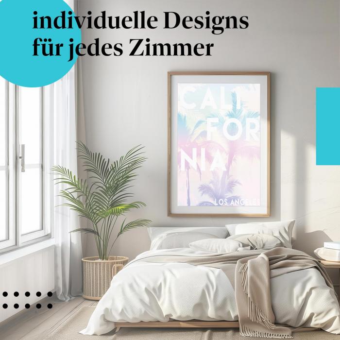 Entspanntes Schlafzimmer: Kunstdruck "California, Los Angeles" mit Palmen-Design.