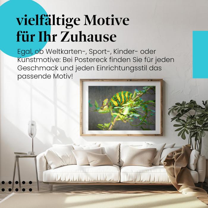 Leinwandbild "Chamäleon": Grün & gelb, Ast - exotisch & faszinierend.