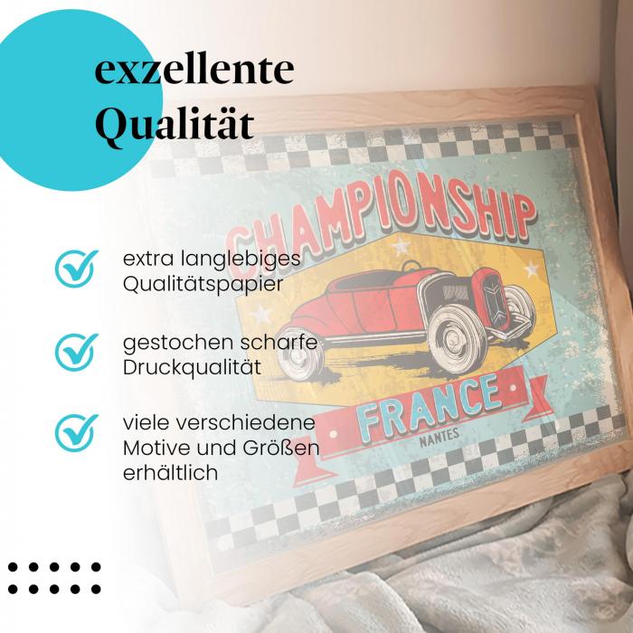 Gerahmtes Wandbild "Championship France" mit Rennauto. Für Motorsport-Fans, hochwertiger Druck.