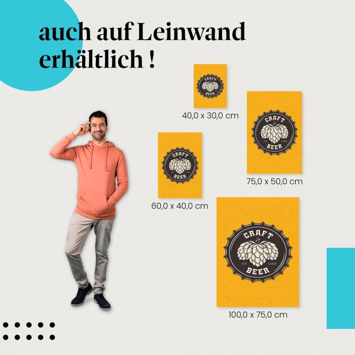 Emblem einer Craft Beer Brauerei als Leinwandbild: Hopfen und "Craft Beer" auf gelbem Hintergrund - für Bierliebhaber.