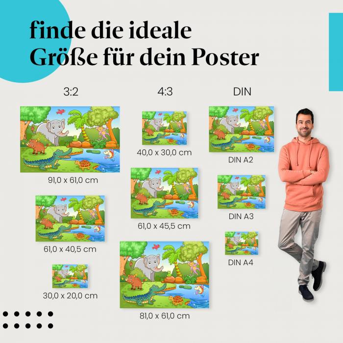 Finde die ideale Postergröße: Dschungel-Szenerie, exotische Tiere - Abenteuer!