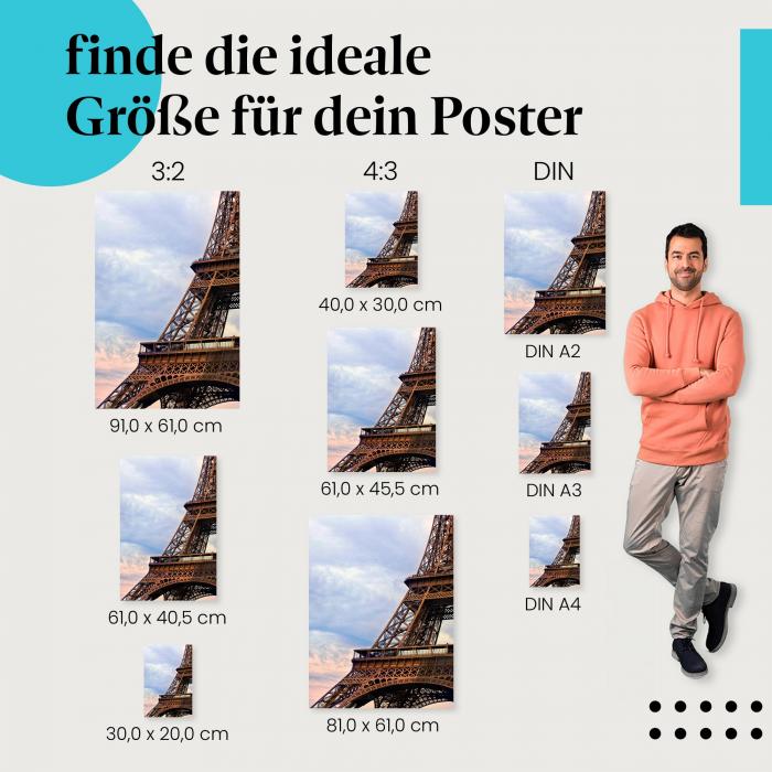 Eiffelturm, Poster: Stahlkonstruktion, Paris, bewölkt.