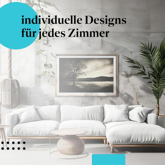Schlafzimmer Deko: Minimalistisches Zimmer mit "Einsamer Baum" Poster. Wanddeko für Naturliebhaber.