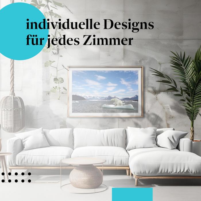 Schlafzimmer Deko: Modernes Zimmer mit "Eisbär auf Eisscholle" Poster. Wanddeko für Umweltschutz.