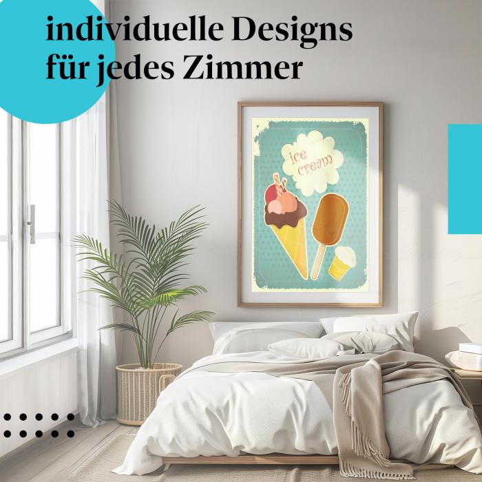 Eis Poster "Sommergenuss": Retro-Postkarte mit verschiedenen Eissorten