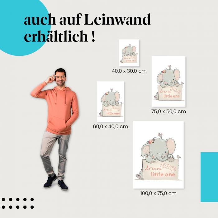 Elefant, Maus, Vogel: Leinwandbild. "Dream Big", Kinder.