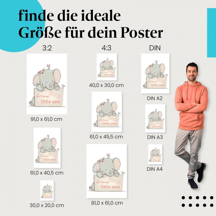 Elefant, Poster: Maus, Vogel, "Dream Big", Kinder.
