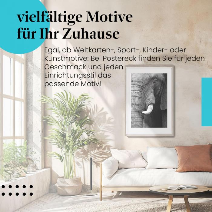 Leinwandbild "Ausdrucksstarkes Elefantenportrait in Schwarz-Weiß". Wanddeko für alle, die die Tierwelt lieben.