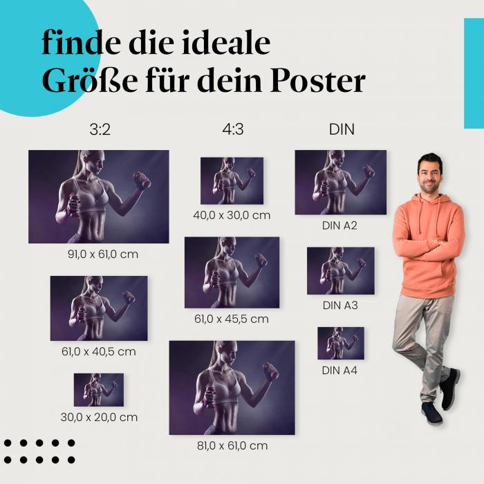 Fitness, Poster: Frau, Hanteltraining, Muskeln.
