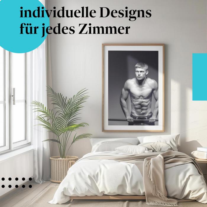 Fitness Poster: "Fitnessstudio" - Mann trainiert am Reck - Schwarzweiß