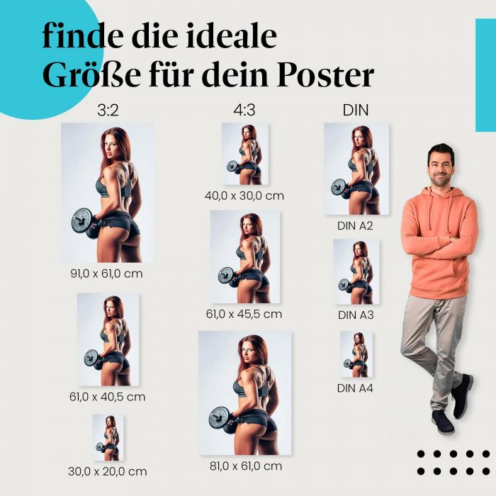 Wähle die ideale Postergröße: Durchtrainierte Frau mit Hantel - Stärke und Fitness.