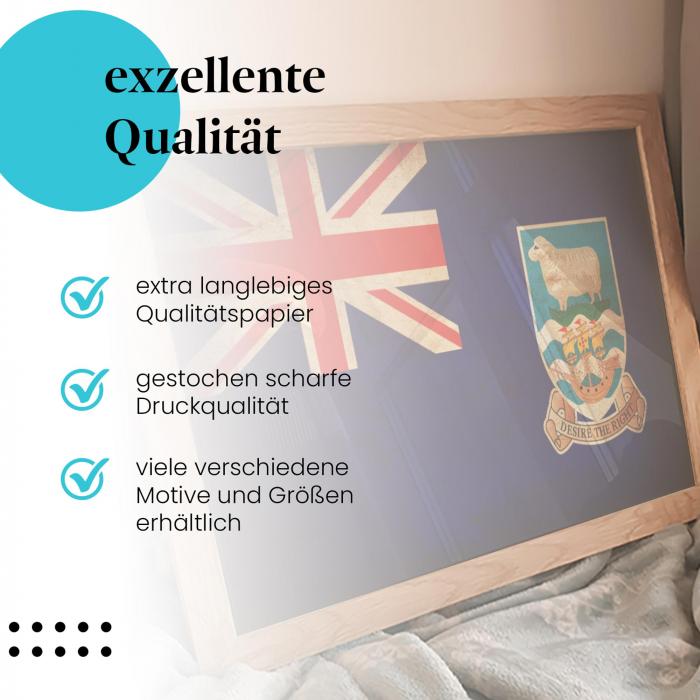 Gerahmtes Wandbild "Falklandinseln Flagge" - Vintage. Hochwertiger Druck, langlebig. Verschiedene Motive und Größen.