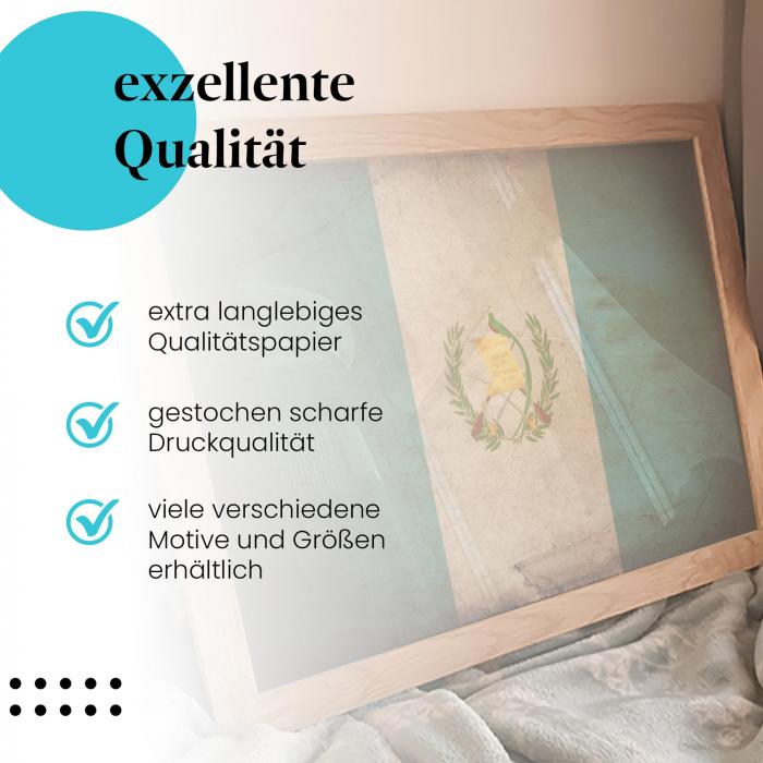 Gerahmtes Wandbild "Guatemala Flagge" im Retro-Look. Hochwertig gedruckt, langlebiges Papier, verschiedene Größen.