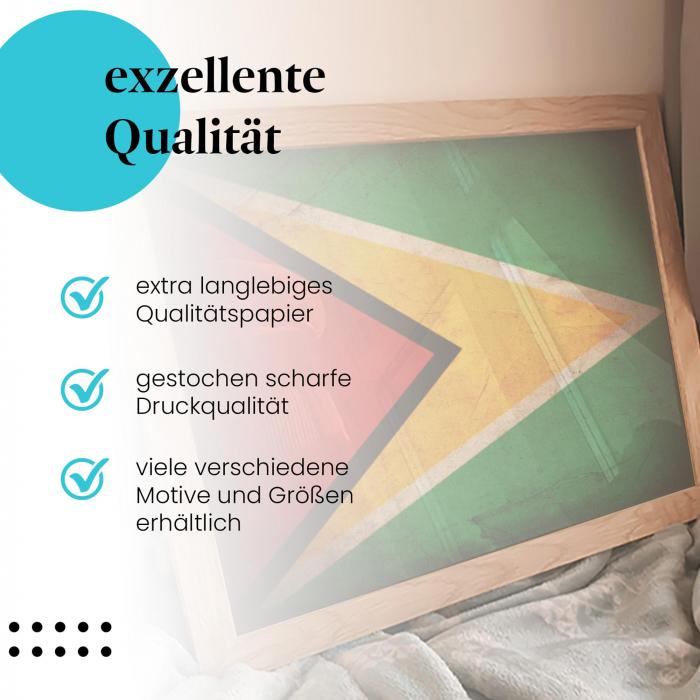 Gerahmtes Wandbild "Guyana Flagge" - Vintage, farbenfroh & dynamisch, verschiedene Größen erhältlich.