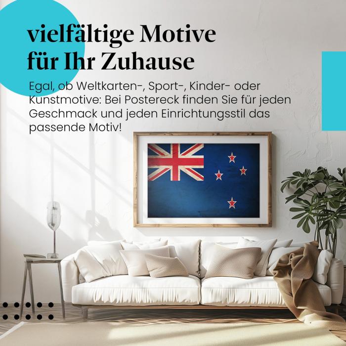 Stylisches Leinwandbild: Neuseeland Grunge Flagge im Vintage-Look. Wanddeko für Neuseeland-Fans.