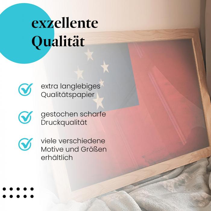 Gerahmtes Wandbild "Samoa Flagge" - Vintage: Rot und Blau. Hochwertig gedruckt, langlebiges Papier. Verschiedene Größen.