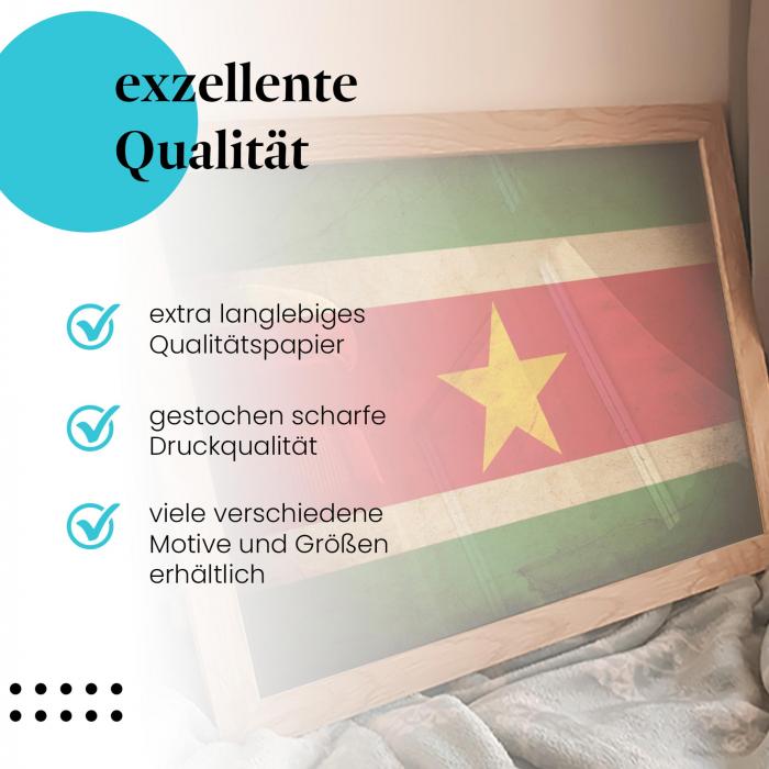 Gerahmtes Wandbild "Suriname Flagge" - Vintage, Stern der Hoffnung, langlebiger Druck.
