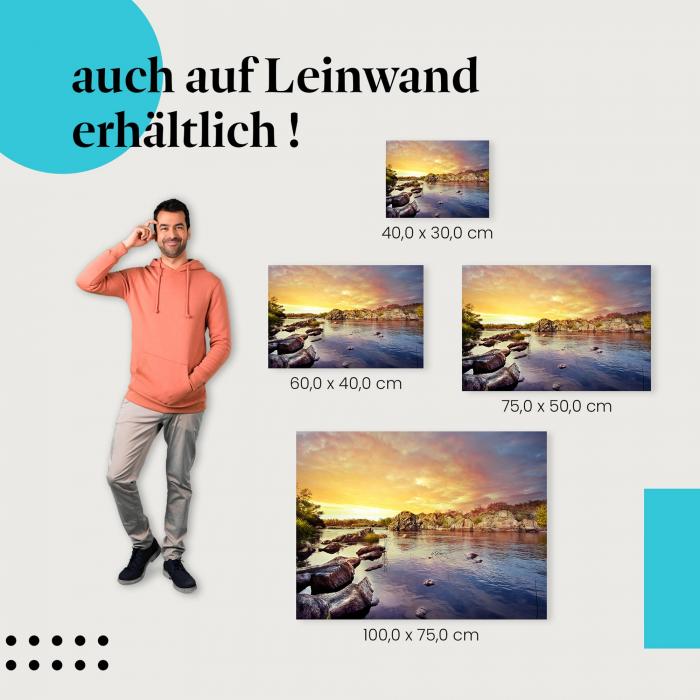 Flusslandschaft: Leinwandbild. Felsen, Bäume, goldener Sonnenuntergang.