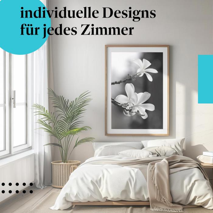 Schlafzimmer Deko: "Frangipaniblüten" Poster in modernem Schlafzimmer. Elegante Wanddeko.