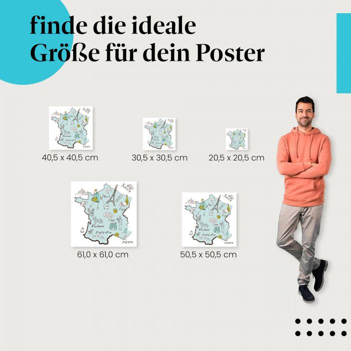 Frankreich Karte: Handgezeichnete Illustration, Poster mit Sehenswürdigkeiten.