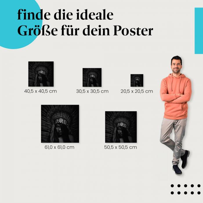 Finde die ideale Größe: Frau: Federschmuck, Porträt.