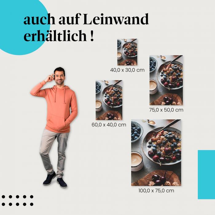 Frühstück: Leinwandbild. Joghurt, Beeren, Kaffee, Kirschen.