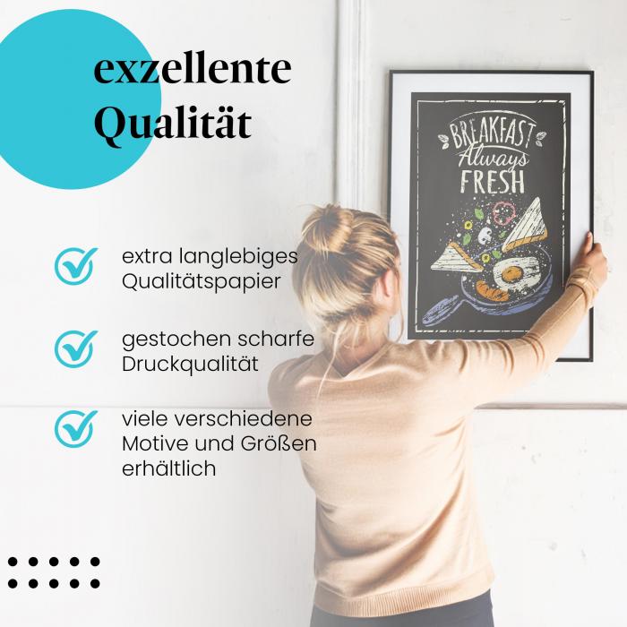Gerahmtes Bild "Frühstück" - Kreidetafel-Design mit leckerem Frühstücksangebot.