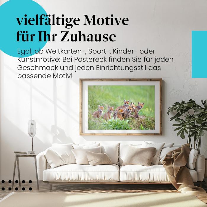 Leinwandbild "Fuchswelpen": Grün, Knopfaugen, flauschige Schwänze - süß & niedlich!