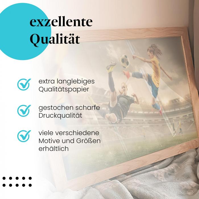 Gerahmtes Bild "Frauenfußball". Spielerinnen, Stadion, Ball, dynamisch.