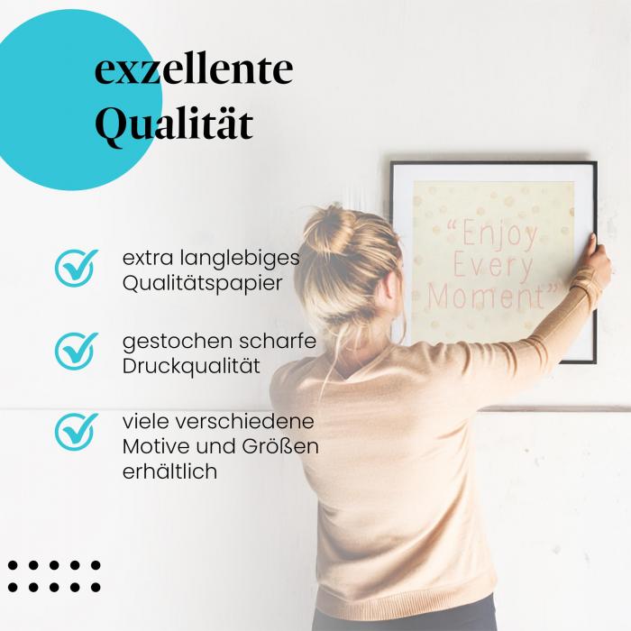 Gerahmtes Bild "Genieße den Moment". Positive Botschaft, verspieltes Design.