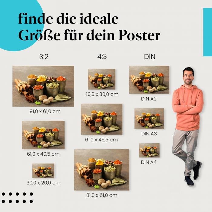 Gewürze, Poster: Schälchen, Zimt, Sternanis, Pfeffer.