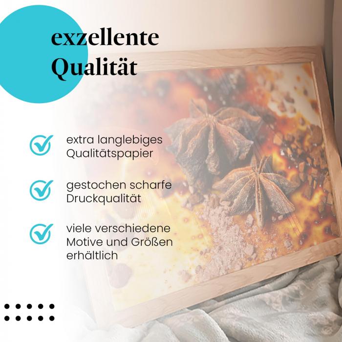 Gerahmtes Bild "Gewürzvielfalt". Nahaufnahme, intensive Farben, aromatisch.
