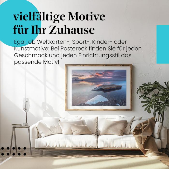 Leinwandbild "Gletschersee": Island, Holzsteg, Sonnenuntergang - mystische Stimmung.