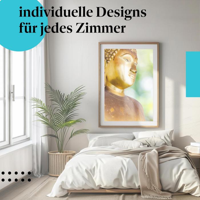 Buddha Poster: "Gelassenheit" - Goldene Buddha-Statue & grüner Hintergrund