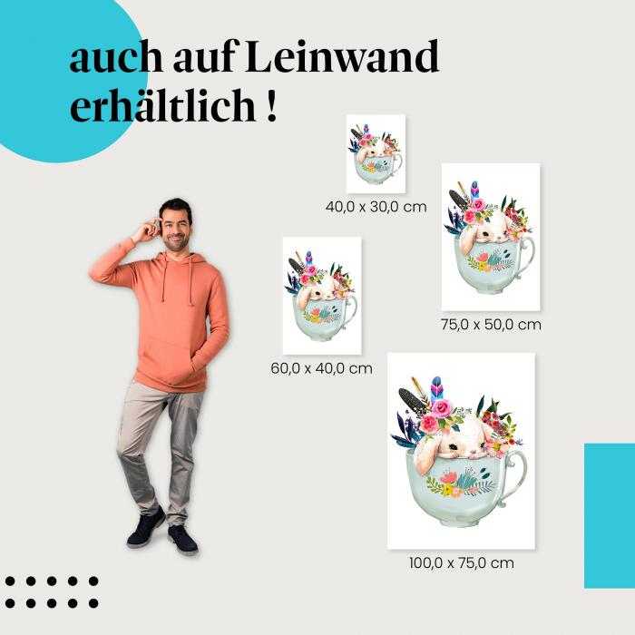Hase: Leinwandbild. Tasse, Blumen, niedlich.