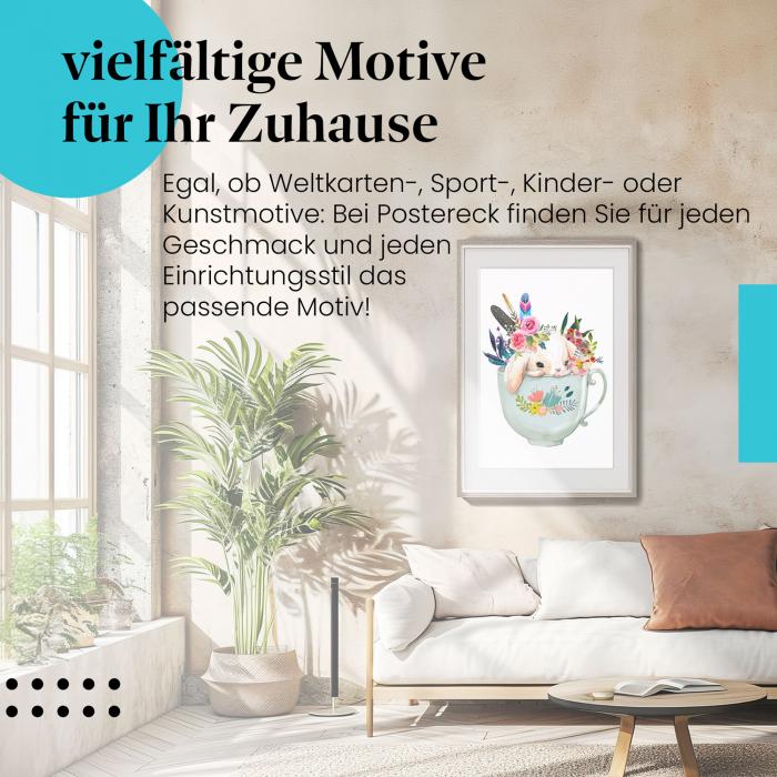 Leinwandbild "Hase in Tasse": Blumen, Federn - verträumt & niedlich.