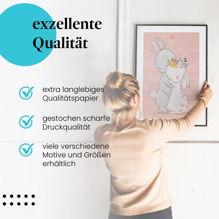 Gerahmtes Bild "Umarmende Hasen", liebevolles Motiv auf hochwertigem Papier, in verschiedenen Größen erhältlich.