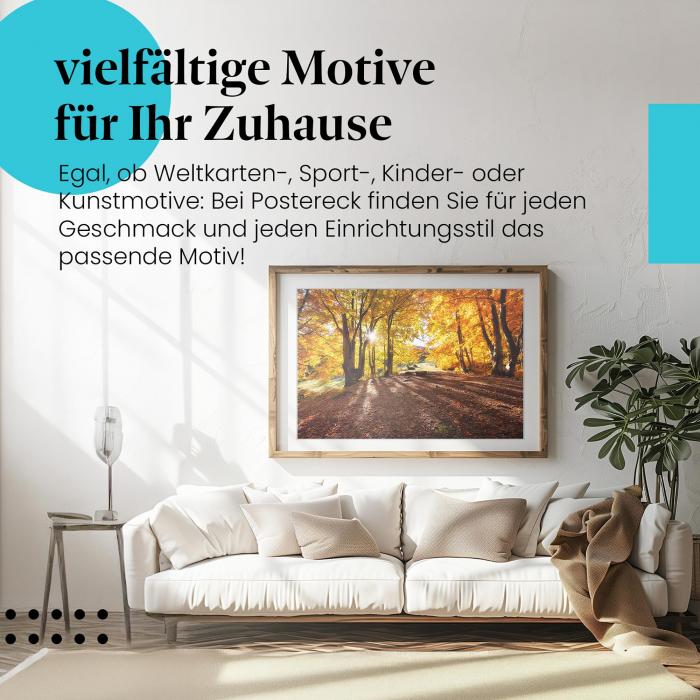 Leinwandbild "Herbstwald": Goldenes Licht, bunte Blätter - magische Stimmung.