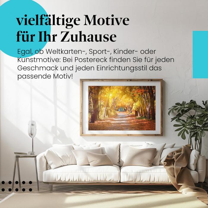"Herbstlicher Waldweg": Poster - Sonne & Blätter - golden!