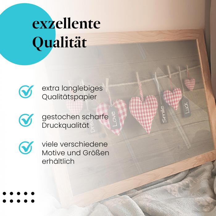 Gerahmtes Wandbild "Herzen - Botschaften zum Glück", langlebiges Papier, verschiedene Größen erhältlich.