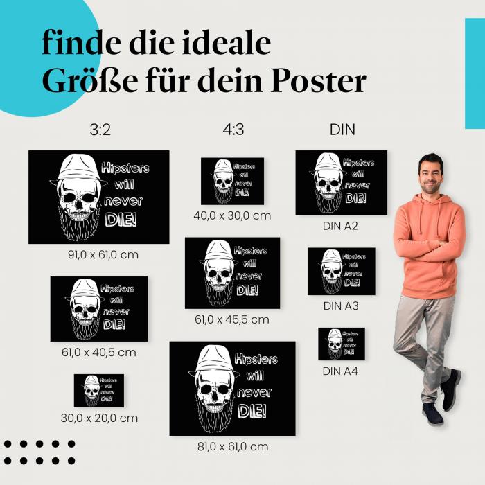 Totenkopf, Poster: Hipster, Bart, Hut, humorvoll.