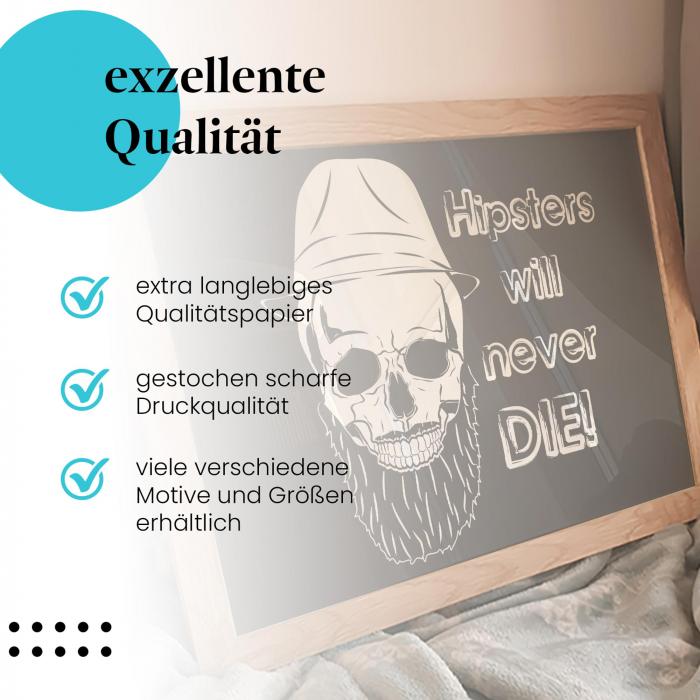 Gerahmtes Bild "Hipster". Totenkopf, Bart, Hut, humorvolles Design.