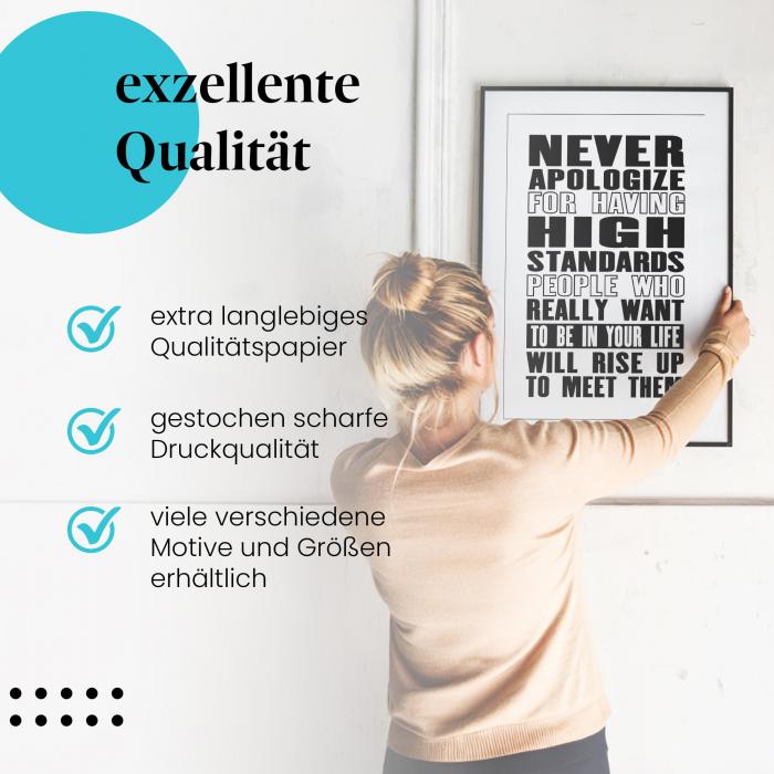 Gerahmtes Wandbild "Hohe Standards? Steh dazu!" in verschiedenen Größen.