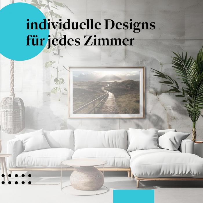 Dünen Poster: "Weg durch die Dünen" - Holzsteg, Dünen & Sonnenlicht