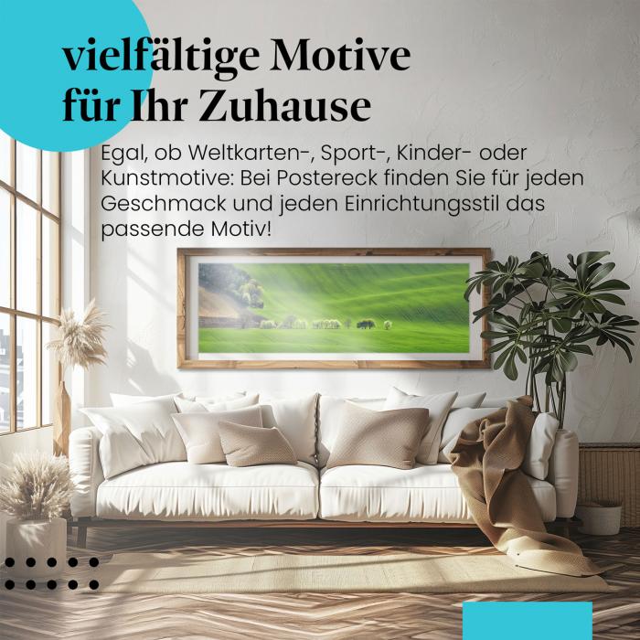 Gerahmtes Bild "Hügel & Bäume". Landschaft, blühende Bäume, Sonnenschein.