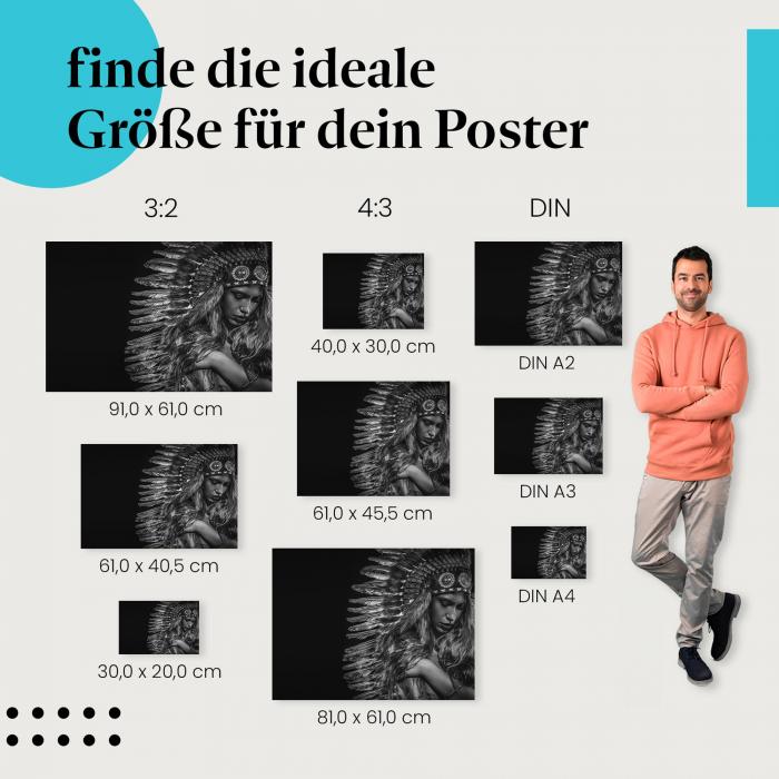 Frau, Poster: Federschmuck, schwarz-weiß, Porträt.